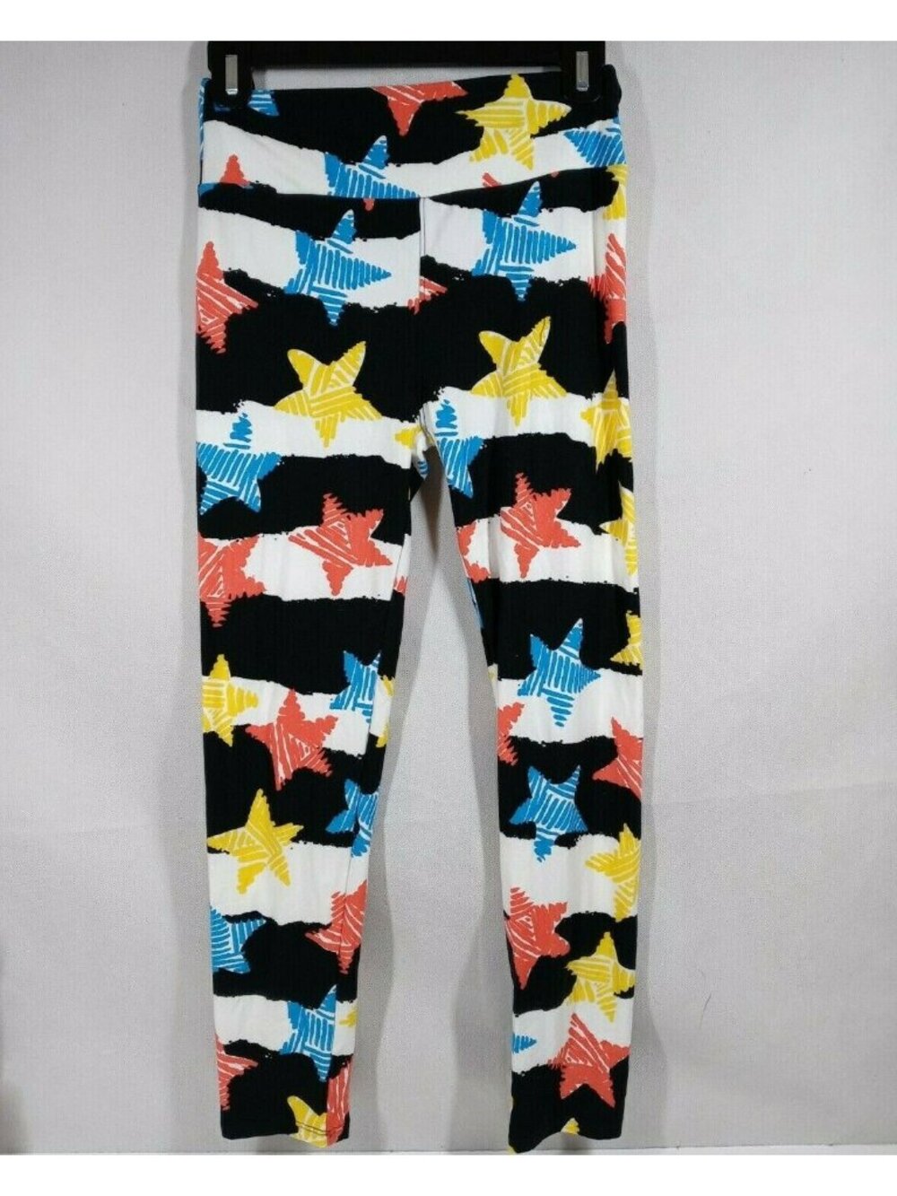 Lularoe One Size Leggings Black & White Striped With Colorful Stars Design